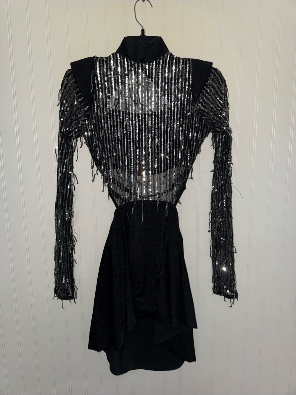 Weissman Black Sequined Fringe Long-Sleeve Performance Dance Costume